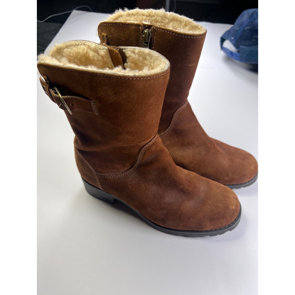 UGG Lynnea S/N 1982 Mid-Calf Boots Women 7 Chestnut Suede Shearling Buckle Zip